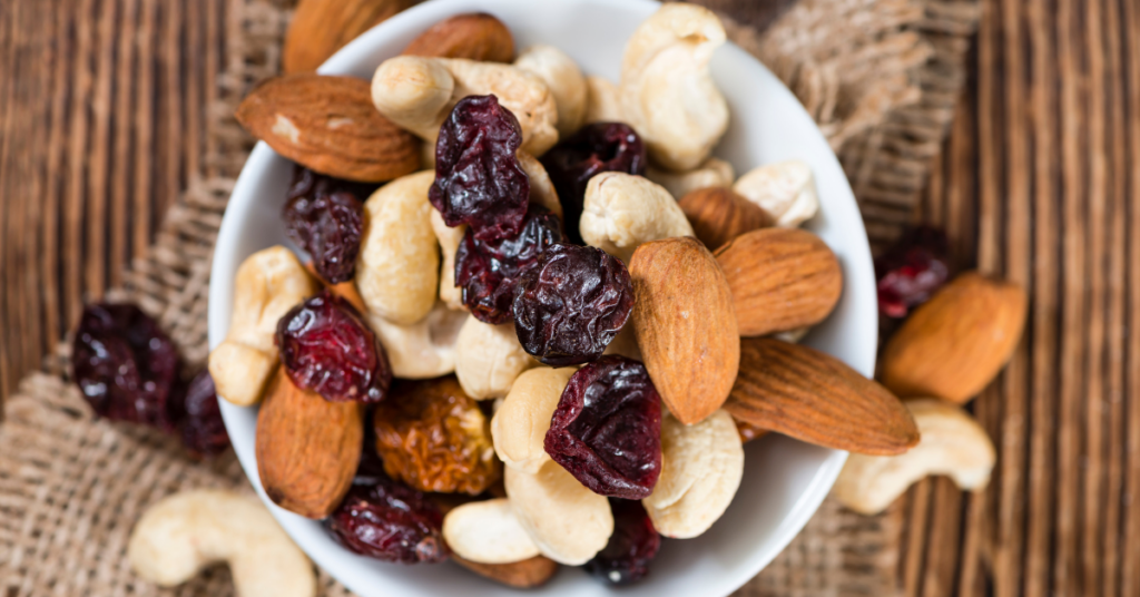 bowl with almonds, cashews, and dried cranberries